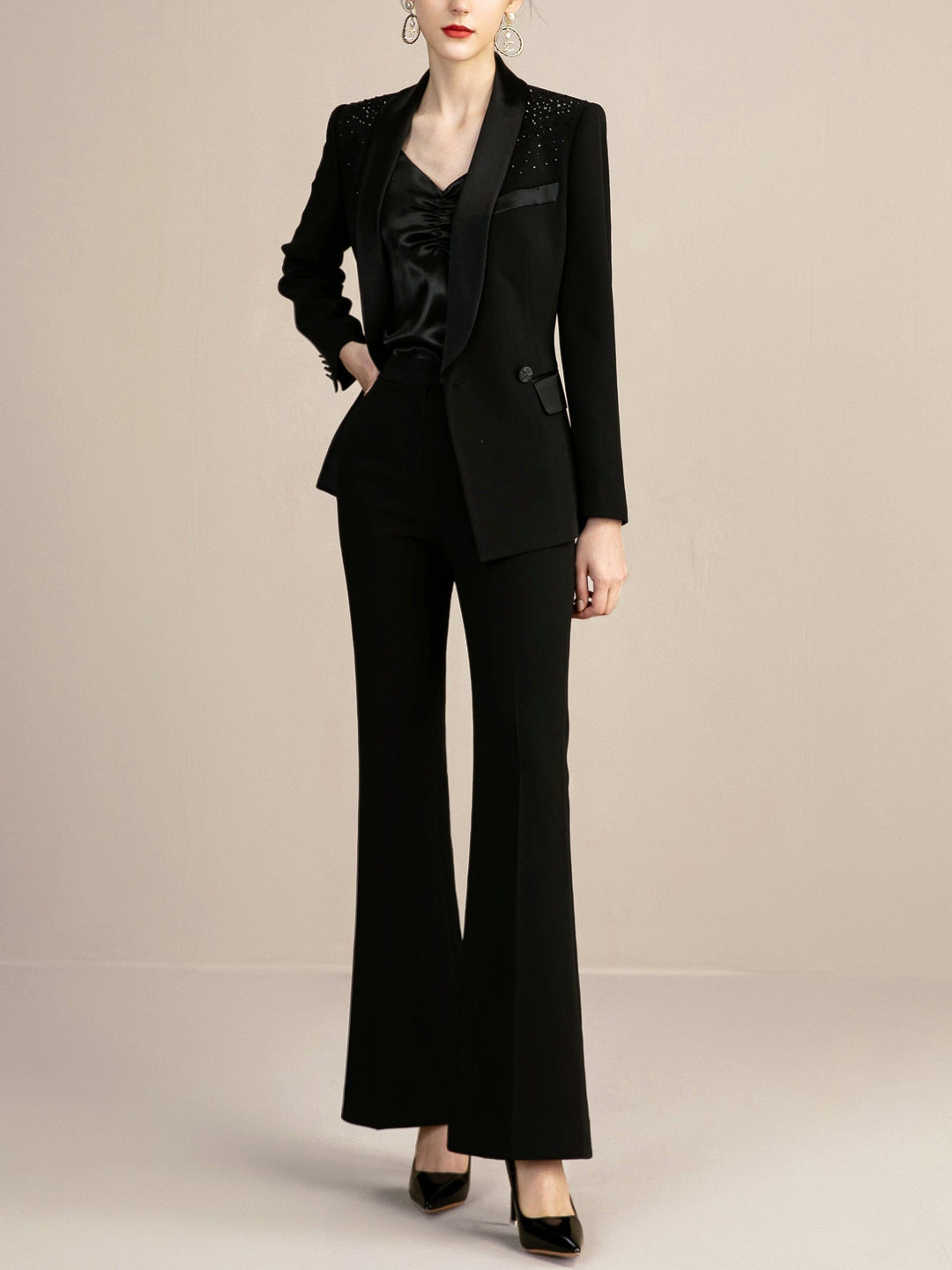 solovedress 2 Piece Black Elegant Tuxedo Shawl Lapel Slim Fit Women Suit