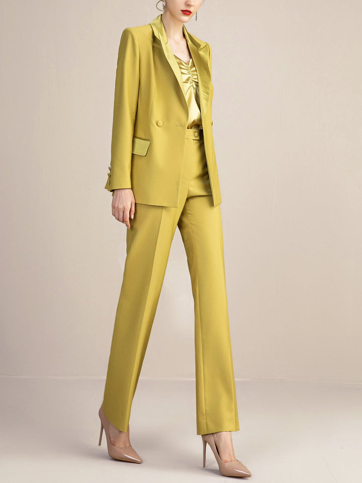 solovedress Gold 2 Piece Double Breasted Slim Fit Satin Collar Women Suit (Blazer+Pants)