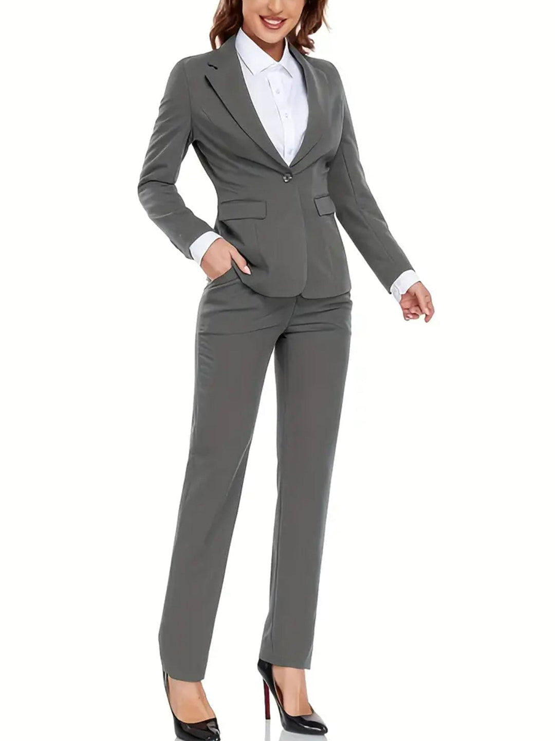 solovedress Grey Women Suit 2 Piece Single Buttons Notch Lapel Jacket (Blazer+Pants)